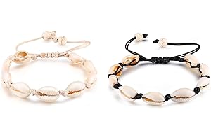 YALIYU Shell Anklet, 2PCS shell ankle bracelet, Adjustable Shell Bracelets, Anklets Natural Cowrie Beach Sea Shell Anklets for Women Men Cord Collar Set Hawaiian Jewellery(White+Black)