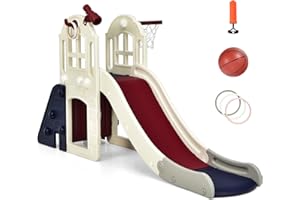 DREAMADE Toboggan Enfants 6 en 1 Panier de Basket Escalade Tunnel Lancer d'Anneaux Télescopique Decoratif, Toboggan Extérieur et Intérieur en HDPE pour 3-8 Ans, Balle Souffleur Inclus (Bleu)