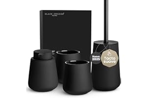 Black Sweden Home Set de Accesorios Baño - Dispensador jabon baño, 2 Vasos, Escobilla de Baño - Cerámica, Revestimiento Negro Mate, Diseño Nórdico - Decoración Baño
