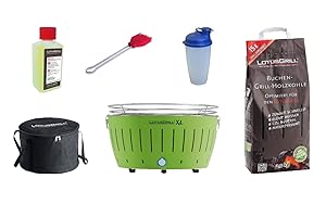 LotusGrill XL Starter Juego de 1 x lotusgrill XL Cal Verde 1 x Haya Carbón Vegetal 1 kg, 1 x Quemar 200 ml, 1 x Marini Pincel, 1 x Bolsa
