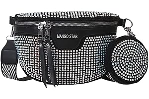 LYEAA Sac banane pour femme avec strass en polyuréthane - Poche de ceinture - Avec poche de poitrine - Avec porte-monnaie, pendentif - Bretelles réglables - Sac banane pour fête, festival, sport