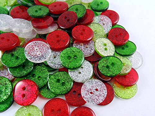 15mm Christmas Glitter Buttons - Red, Silver, Dark Green and Light Green (50 Buttons)