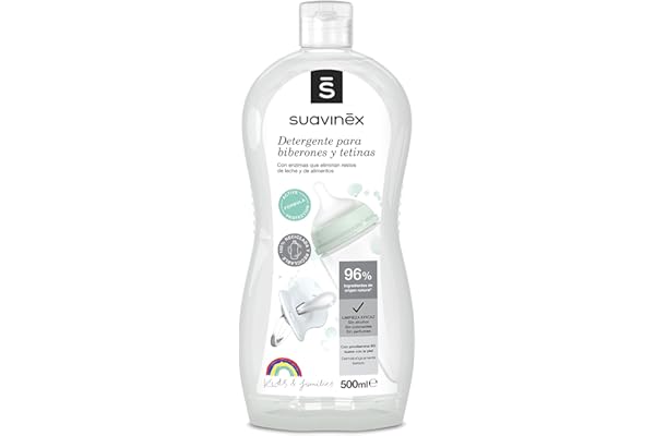 Suavinex, Detergente para Biberones y Tetinas. Limpia biberones, tetinas, chupetes y accesorios. Sin perfume. No deja residuos. Textura Gel. 82% Ingredientes de Origen Natural. 500 ml