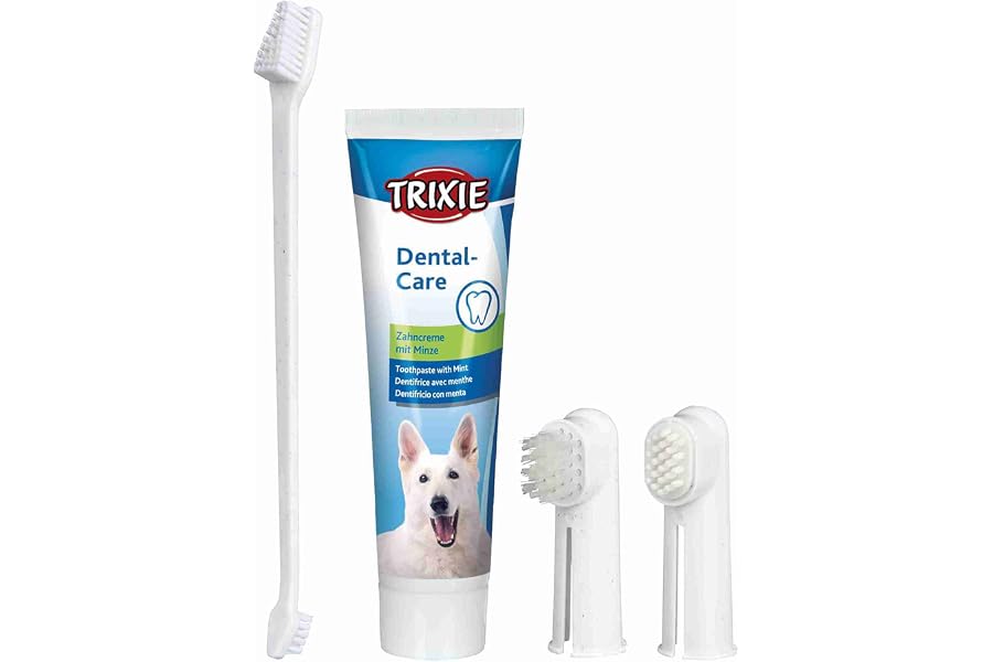 TRIXIE – Set Higiene Dental para Perros, Pasta Dental con Menta (100 g), Cepillo Dedo y Cepillo Masajeador, Cuidado Bucal Com