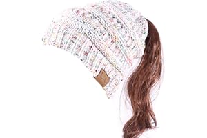 DURINM Mujer Gorros de Punto con Agujero para Coleta Otoño Invierno Beanie Sombrero Invierno Suave Cálido Elástico Ponytail Beanie Hat para Mujer