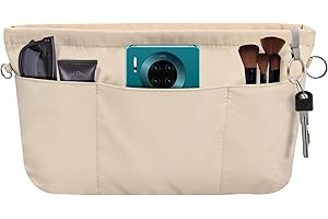 FINEASY Organizador Bolsos de Mujer de Nylon, Organizador de Bolsos Interior con Cremallera y Llavero, 13 Bolsillos,Beige (S)