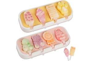 GeeRic 2 Pack Silicone Popsicle Molds, Animal Ice Pop Maker 8 Cavity, Fun Bear Paws, Bunny Shapes for Kids with 12 Reusable Sticks Yellow Pink