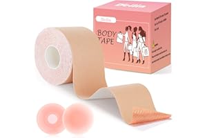 Deilin Boob Tape, Boobtapes Breast Tape for Dresses, 7M Extra-Long Roll Booby Tape with 2pcs Reusable Nipple Covers, Breast Lift Tape for Large Breasts A-G Cup, Tit Bra Tape Under Clothing Beige