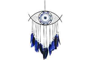 WisePoint Devil's Eye Dream Catcher, Handmade Cotton Wall Decor Dreamcatcher with Bohemian Feather, Wall Hanging for Bedroom,Dormitory,Cars,Wedding, Birthday,Party,Blessing Gift (black+blue)