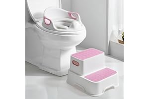 DEANIC Potty Training Toilet Seat with Toilet Steps for Toddlers, Kids Toilet Seat Boys Girls, 2 in 1 Potty for Toddler with Splash Guard, Potty Seat with 2 Cushions, 1 Brush, Hook (Pink)