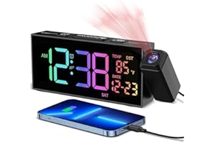 NETZU Projection Alarm Clocks Bedside, Loud Alarm Clock with 350° Rotatable Projector, Temperature, Date, 10 Alarmtones, 4 Volumes, 5 Dimmer, USB Charger, Projector Alarm Clock for Bedroom Living Room