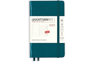 LEUCHTTURM1917 365898 Planer tygodniowy i kieszeń na notebooka (A6) 2023, 12 miesięcy, zielony (Pacific Green), angielski