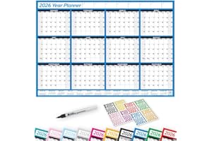 PlannerHead 2026 Laminated Wall Planner Calendar Chart Poster/Yearly Calendar 2026 / Grid Style 12 Months with Pen & 400 Stickers / 2027 Footnote Included/Blue/Large (49x70cm)
