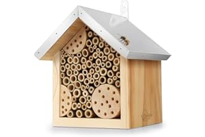 WILDLIFE HOME Hôtel à abeilles avec toit en métal, hôtel à insectes, prêt à l'emploi, en pin et 100 % résistant aux intempéries, non traité, hôtel à insectes, aide à la nidification pour abeilles