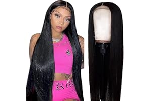 Weeybay Parrucca Donna Nera Human Hair Wig Straight Parrucca Capelli Veri 4X1 Lace Wig T Part Glueless Wig Pre Plucked with Baby Hair 150% Density Top Swiss Lace 28 Inch