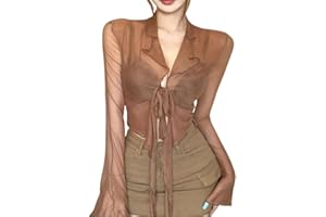 ANGELLUCK Womens Sheer Mesh Crop Top Female Slightly Transparent T-Shirt Blouse Girls Tie Front T-Shirt-Bell Long Sleeves T-Shirt Sexy Slightly Transparent Crop top for Women-Bell Sleeves Blouse tie Front top