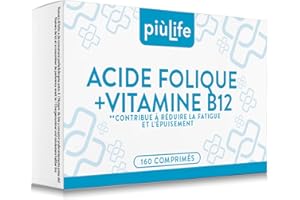 +LIFE Acide Folique 400μg avec B12 – 160 comprimés PiùLife – 1 par jour – Folate Complément Vitamine B9 et B12, Energie contre la fatigue et l'épuisement, Maman