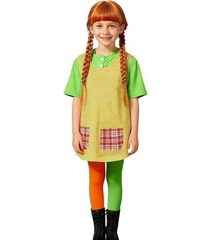 VESTITO CARNEVALE + ACCESSORI NAUGHTY GIRL PIPPI COSTUME PARRUCCA CALZE 4/5 ANNI TRAVESTIMENTO - 3607+01234+6288M