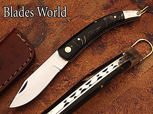 HAND MADE STAINLESS STEEL "6.6 AWESOME POCKET KNIFE WITH BUFFALO HORN &amp; SOLID WHITE COPPER BOLSTER HANDLE (BDM-185)