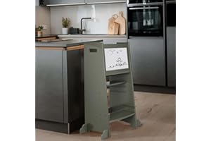 Allis Baby 3-in-1 Natural Wooden Learning Tower for 18months+, Toddler Steps, Montessori Kitchen Helper for Kids Step Stool with Adjustable Shelves (Sage Green)