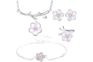HCMA Conjuntos de Joyas de Plata 925 Collar de Flores románticas con Flores de Cerezo + Pendientes + Anillo + Pulsera para Mujer Conjunto de Joyas de Fiesta de Boda