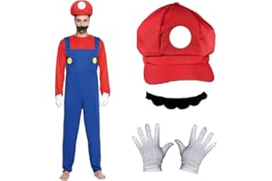 AYNKH Mario Costume Fancy Dress Outfit for Adults Kids Mario Hat Bodysuit Moustache White Gloves Costume Accessories for Halloween Cosplay Carnival Party