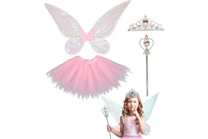 PEEOED Ailes de fée, Ailes d'ange Enfant, Déguisement Papillon Enfant Adulte, Ailes d'ange Costume avec Baguette Serre-tête Jupe pour Festival Fête Carnaval Mascarade Cosplay Halloween