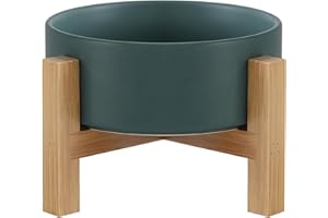 HCHLQLZ Green Ceramic Elevated Raised Cat Bowl,Cat Food Dish with Stand, Raised Cat Food or Water Bowl Anti Vomiting,Pet Bowl with Anti Slip Rubber pad,Stress Free for Cats and Small Dogs（400ML/13.5OZ)
