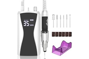 Kredioo Torno para Uñas Profesional 35000RPM, Inalámbrica Lima Electrica, Pulidor, Taladro Manicura Pedicura, Pluma Eléctrico Portátil, Kit Fresas Set con 6 Brocas, LED, Quitar Acrílico o Gel