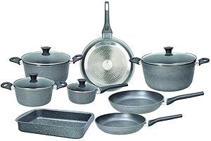 Tognana Phaetra Style, Batteria di pentole e padelle, Set con 3 padelle, 4 casseruole, 4 coperchi trasparenti, 1 lasagnera, 12 Pezzi, Alluminio, Grigio