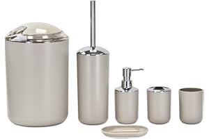 Keraiz 6 Pieces | Bathroom Accessories Set | Plastic Bathroom Accessories | Toothbrush Holder, Rinse Cup, Soap Dish, Hand Sanitizer Bottle, Waste Bin, Toilet Brush with Holder | Beige - M17
