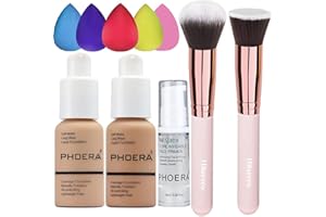 HILARECO PHOERA Fond de Teint Couvrant Et Face Primer Liquide Couverture Complète Foundation Correcteur,Pinceaux Fond de Teint Et Pinceau Poudre,5 Éponges de maquillage (104 Buff Beige + 105 Sand)