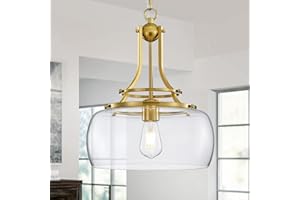 WUZUPS araña rústica granja industrial techo redondo colgante led lámpara con pantallas de vidrio transparente para comedor cocina isla vestíbulo entrada, h 43 x w 34, base e27, oro cepillado