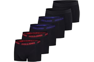 JACK & JONES Bokserki męskie, zestaw 6 sztuk, basic, bokserki, bielizna retro, bawełna, czarne, czerwone, zielone, niebieskie, szare, S, M, L, XL, XXL, 3XL