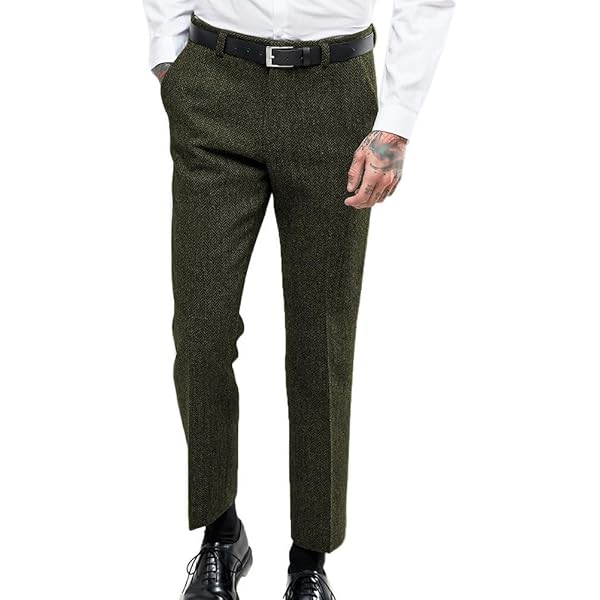 Pantalon Homme Harry Brown Tweed - Taille 38 (W32) - Vert Olive - Mélange Laine