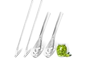 LELE LIFE Lot de 4 cuillères à olives et fourchettes à cornichons, petite cuillère fendue en acier inoxydable SUS304 avec trou de drainage, longue fourchette pour cornichons, oignons, concombres et