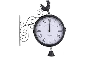 Timelike rought Iron Antique-Look Black Round Wall Hanging Double Sided Two Faces Retro Station Clock Round Chandelier Wall Hanging Clock with Scroll Wall Side Mount Home Décor