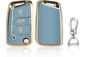QBUC Goldener Rand Autoschlüssel Hülle für, DREI Tasten Autoschlüsselkasten, Auto kratzfestes Schlüsselgehäuse，Schlüsselhülle Cover für Polo, Skoda, Tiguan, MK (A-Blau)