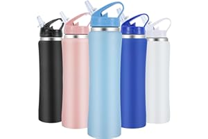 SUPPRUI Insulated Water Bottles,600ml Stainless Steel Water Bottle with Straw,Metal Water Bottle,Double Walled Drink Flasks Leakproof Keep Drinks Hot Cold (Light Blue)
