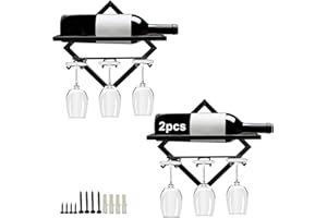 MERYSAN 2Pcs Metal Wall Mounted Wine Holder Stemware Glass Rack, Collapsible Wall Hanging Red Wine Racks Organizer with 3 Stem Glass Holders, Wine Bottle Display Hanger for Home Kitchen Bar Decor (Black)