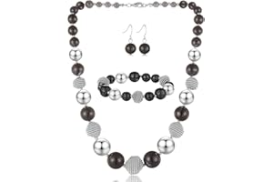BULINLIN Chunky Beaded Silver Necklace Earrings Pearl Handmade Bracelet Set Statement Costume Fashion Jewellery Set Birthday Gifts for Women