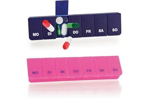 com-four® 2X Dosificador de medicamentos - Caja de medicación de 7 días - Dosificador semanal [Idioma: alemán] (02 Piezas - Rosa/Azul Marino)