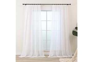L.Z.E Sheer Curtains for Windows, White Curtains & Drapes for Living Room Bedroom Nursery Track System, 69 Inch Drop & Short Pencil Pleat Sheer Curtains, 2er Set Light Linen Look (55" W x 69" Drop)