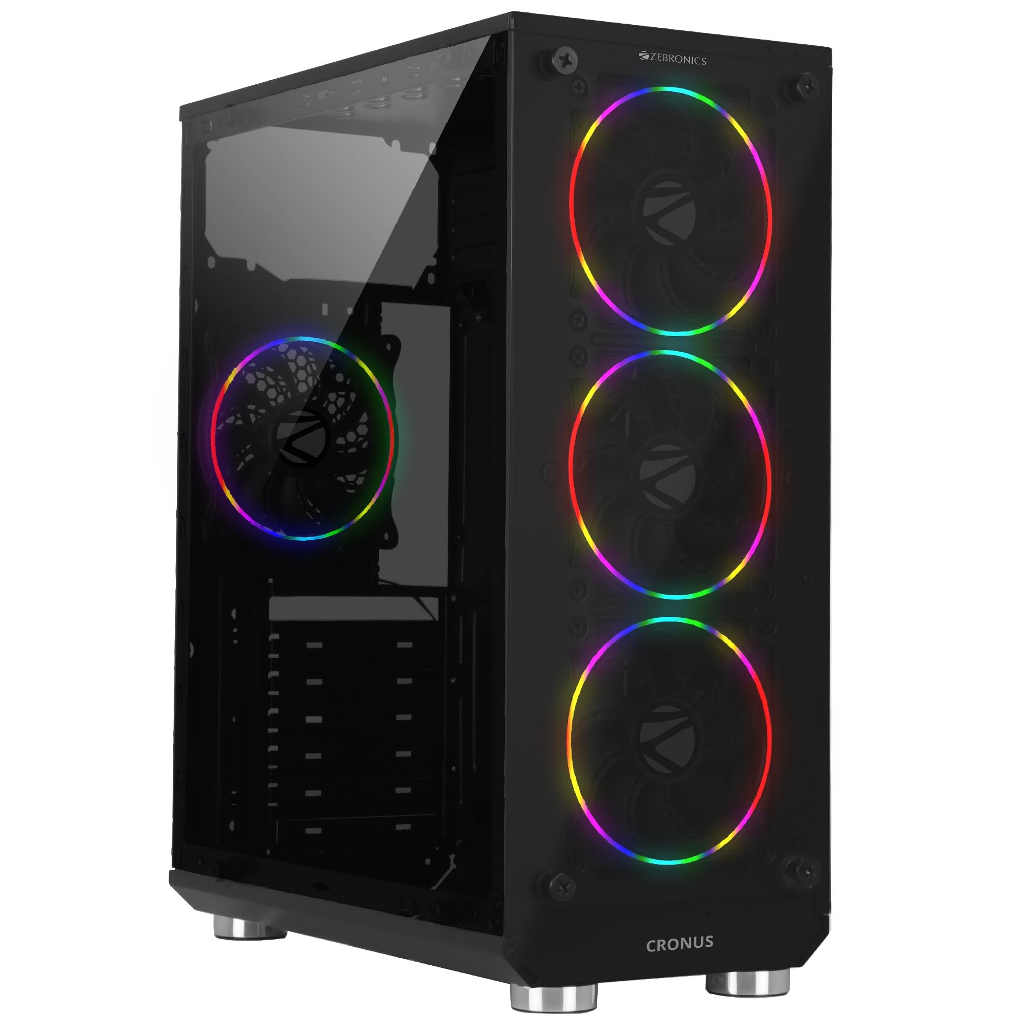 Zebronics Zeb-Cronus Premium Gaming Cabinet with Mirror Finish Tempered Glass On Front,Tempered Glass On Side & 4 x120mm Rainbow Double Ring LED Fans