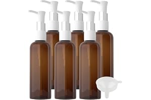 PQPAUTY TIANZD 6 Pezzi 100 ml Marrone Plastica Bottiglia Dispenser Vuoti, Rotondo Bottiglie con Pompa Bianco, Flaconi di Lozione in Ricaricabili, per Domestici per Doccia da Viaggio con Imbuto