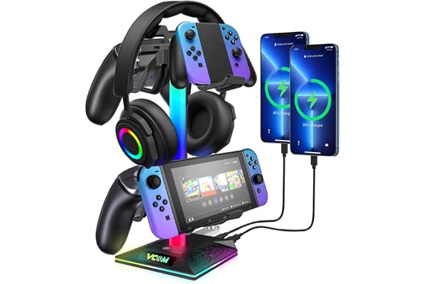 VCOM Support Casque Gamer, RGB Porte Casque avec 3 Ports USB, Support Manette avec 10 Modes d'éclairage pour Gamer, Xbox, PS5 Accessoires de Casque