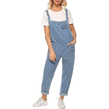 Vetinee dames tuinbroek jeans baggy jumpsuit oversized overall met zakken, roze, M