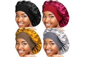SAMSEROT 4 Pieces Wide Band Satin Cap Sleep Bonnet Soft Night Sleep Hat for Women