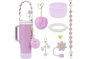 TOEECY Stanley Cup Accessori 7 Pezzi Set Incluse Manico Bottiglia d'Acqua Coperture Cannuccia Custodia in Silicone Portachiavi a Margherita per 30 oz 40 oz Tumbler Coppe Non Incluse (Viola)