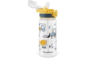 omedecal Borraccia Bambini con Cannuccia, a Prova di Perdite 600ml Borracce Bambina Bambini Bambino, Senza BPA con Maniglia, Lavabile in Lavastoviglie - Escavatore